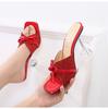 Красные сандалии на шпильке с неглубоким носком, модные модные тапочки большого размера на высоком каблуке, модные босоножки с открытым носком и бантом WZ