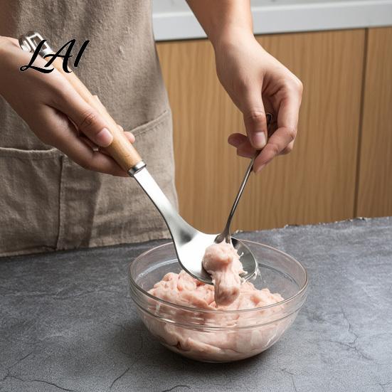 Cooking Equipment for Meatballs Meatball Spoon Maker Tool Stainless Steel Non-stick Scoop Kitchen Gadget Food Prep Long Wooden Handle Shaping