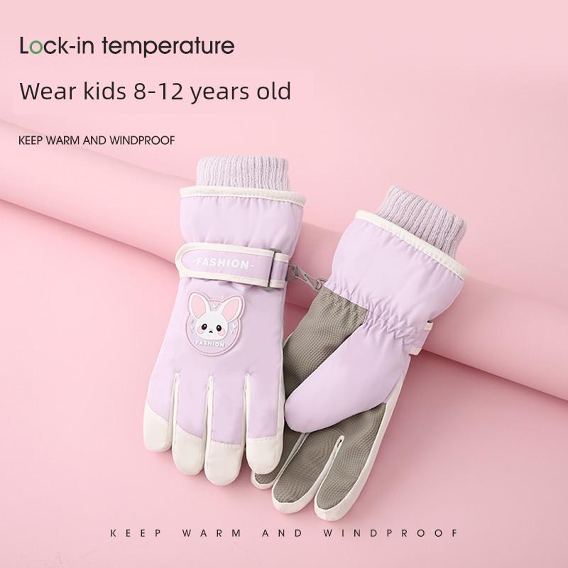 Kids Ski Gloves Winter Girl Fleece-lined Thickened 8-12 Years Old Student Cycling Windproof Heattech Snow Playing Cotton Gloves