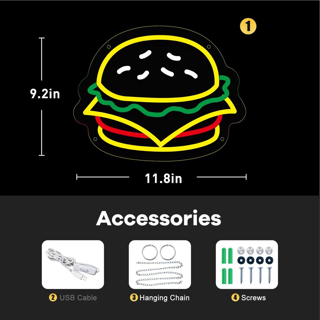 Неоновая вывеска для гамбургера Неоновая вывеска для гамбургера Неоновая вывеска для бургера Светодиодная неоновая вывеска с регулируемой яркостью Ресторанный декоративный светильник Подарок для любителя бургеров