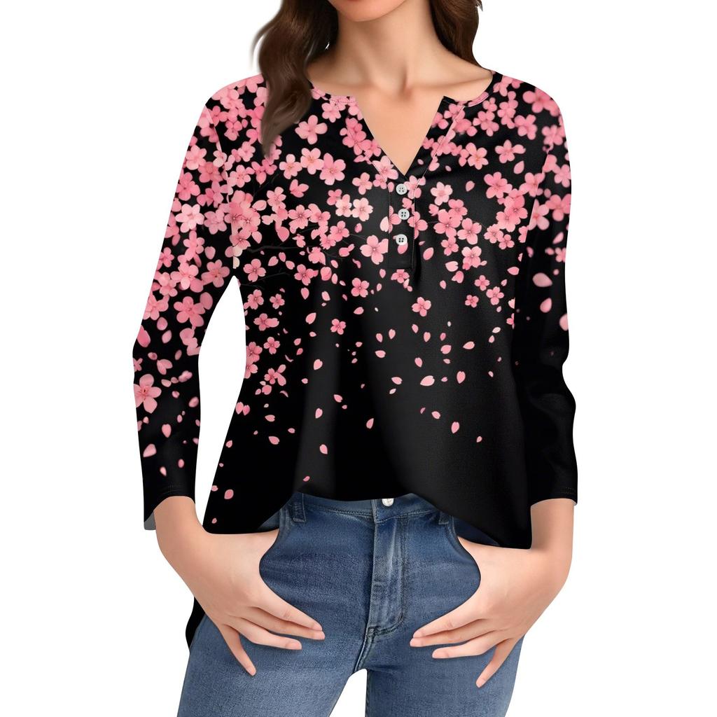 Жен. Футболка С принтом Пуговицы Рукав 3/4 Повседневные Выходные Мода Классический Классический V-образный вырез Обычный Верх