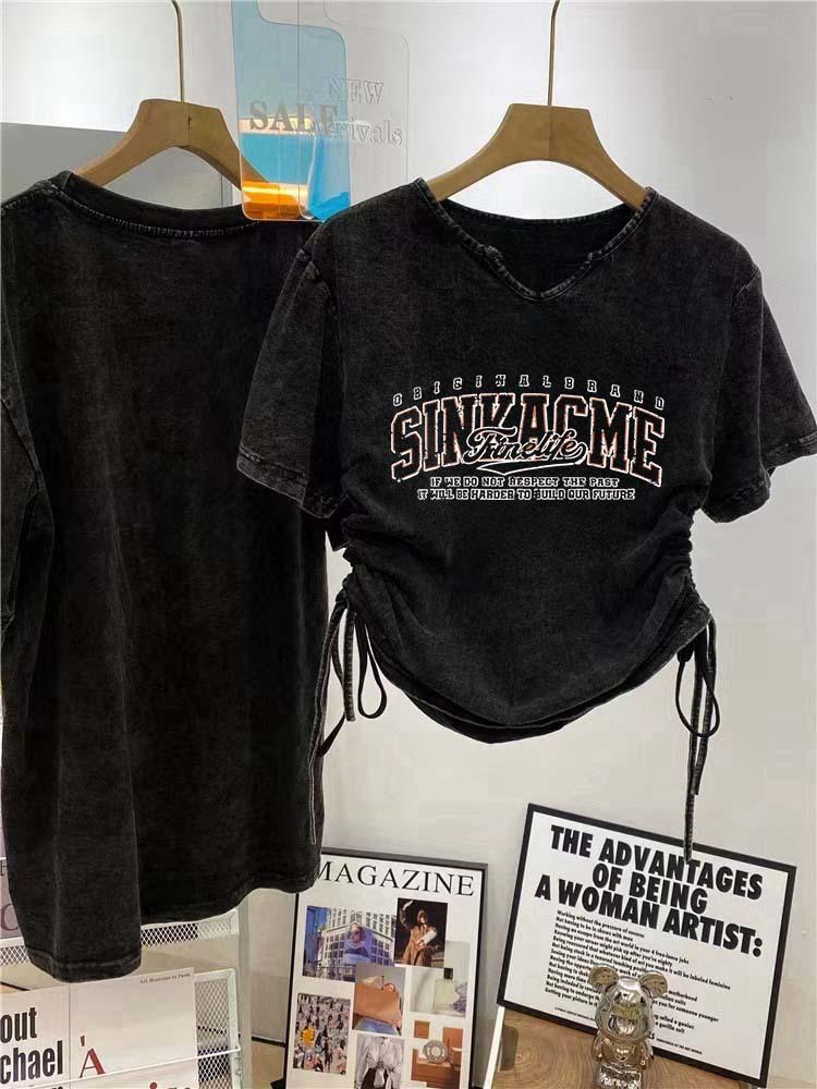 Женская футболка из чистого хлопка с коротким рукавом и принтом в стиле хай-стрит с эффектом потертости – Летняя коллекция 2025 года в национальном стиле