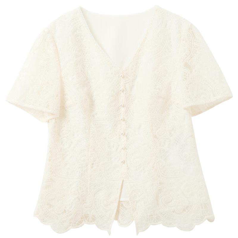 Sancai Топ большого размера с V-образным вырезом, кружевной, с коротким рукавом