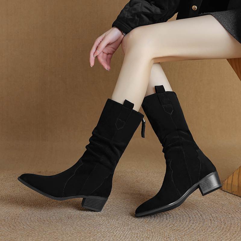 Krazing Pot Зимние женские сапоги из коровьей замши и нубука с круглым носком и средним каблуком, элегантные женские сапоги до середины голени в стиле ретро со складками