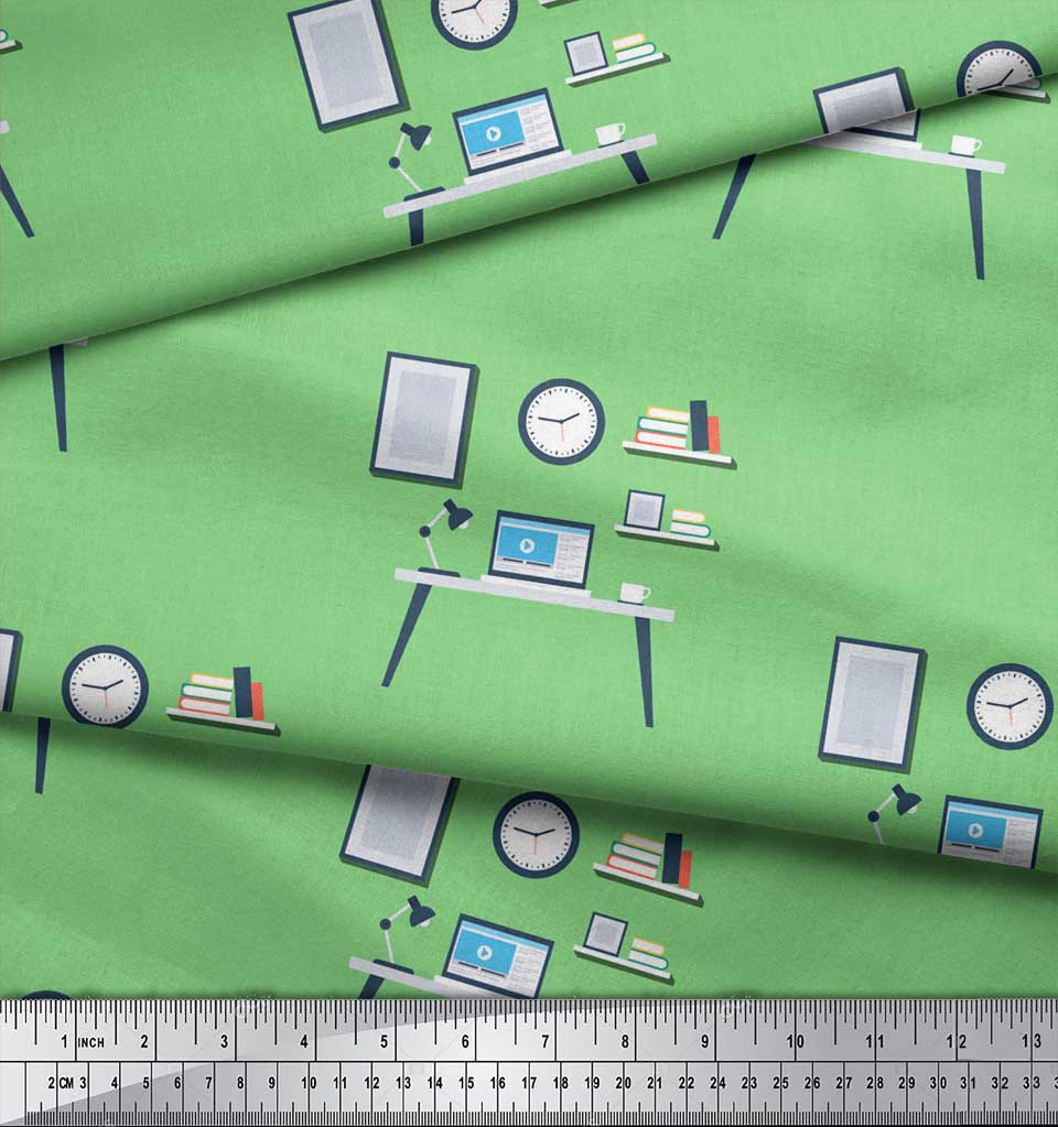 Soimoi Синий японский креп-сатиновый монитор, книги и учебный стол, образовательная тема, метр швейной ткани с принтом, 42 дюйма