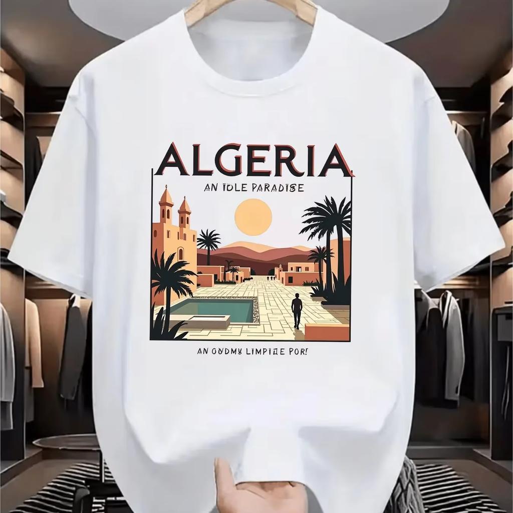 Algeria North Africa Cityscape Print Tshirt Unisex Travel Inspired Graphic Print Casual Short Sleeve Cotton Streetwear Tee Tops