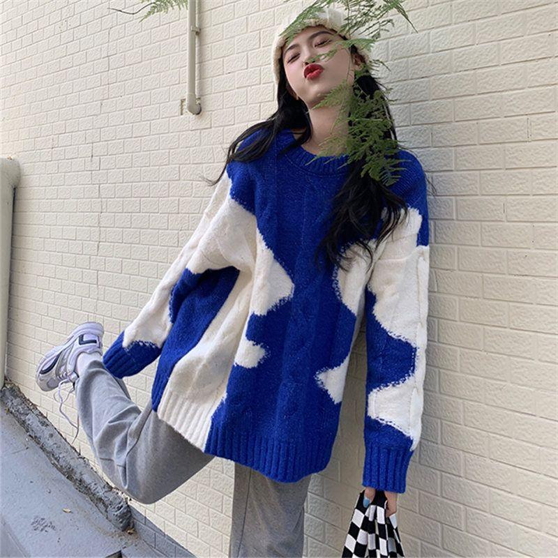 Свитер женский осенне-зимний, томный стиль, ретро контрастный пуловер с граффити, трикотаж, свободный топ