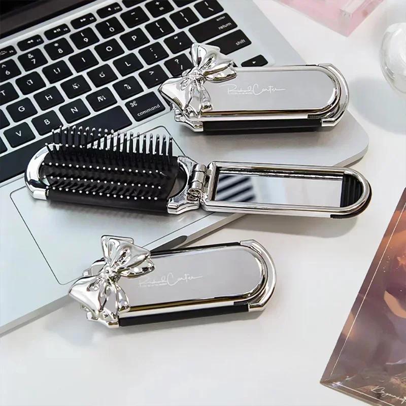 Складная расческа с серебристым бантом и зеркалом, украшенная стразами, косметичка для путешествий, маленькая щетка для волос, инструменты для макияжа