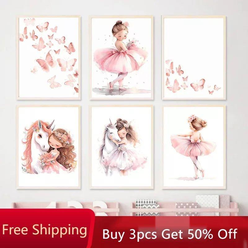 Pink Ballerina Girl Unicorn Butterfly Kids Room Decorative Canvas Painting Nursery Wall Art Poster Pictures Baby Bedroom Decor