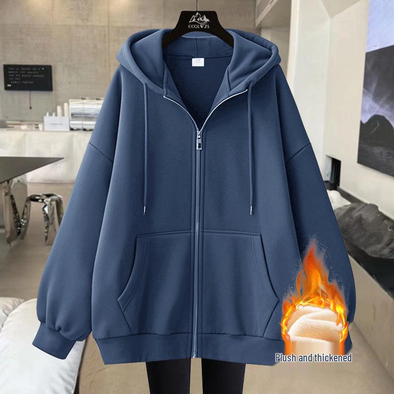 Fleece-Lined Cardigan Hoodie for Autumn/Winter - Loose Fit Sporty Style with Zipper