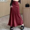 Women Fishtail Skirt High Waist Fishtail Hem Maxi Skirt Solid Color Retro Satin Texture Hip Wrapped Skirt