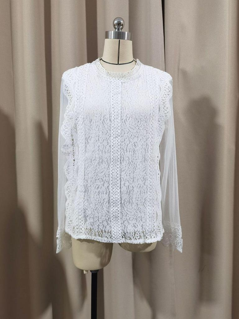 Новый элегантный однотонный сетчатый топ с длинными рукавами и буфами из кружева для женщин