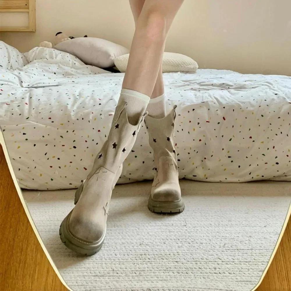 Звезды без застежек до середины икры сапоги ажурная платформа толстый каблук средний круглый носок женские туфли милые сапоги для отдыха для женщин