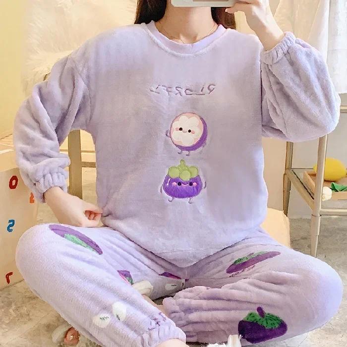 Winter Women Flannel Pajamas Polar Bear Print Teddy Sleepwear Velvet Loungewear Thick Warm Pijamas