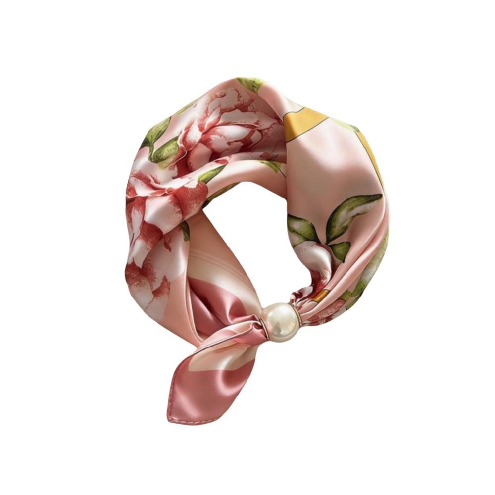 Breathable Silk Scarf Lightweight Printed Neck Scarf Elegant Pearl Buckle Scarf Women