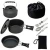 Seekdem Aluminum Cooker Set Outdoor Pot Frying Pan Kettle Camping Cookware Storage Bag Included and Knife Included Black 8-Piece Fork, Spoon, SD-CK001