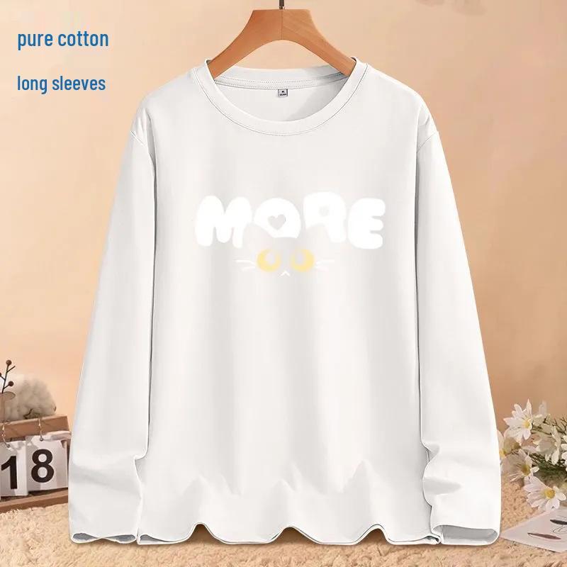 Женская футболка с длинным рукавом из 100% чистого хлопка, свободного кроя в корейском стиле - Круглый вырез, идеально подходит для весны и осени, унисекс.