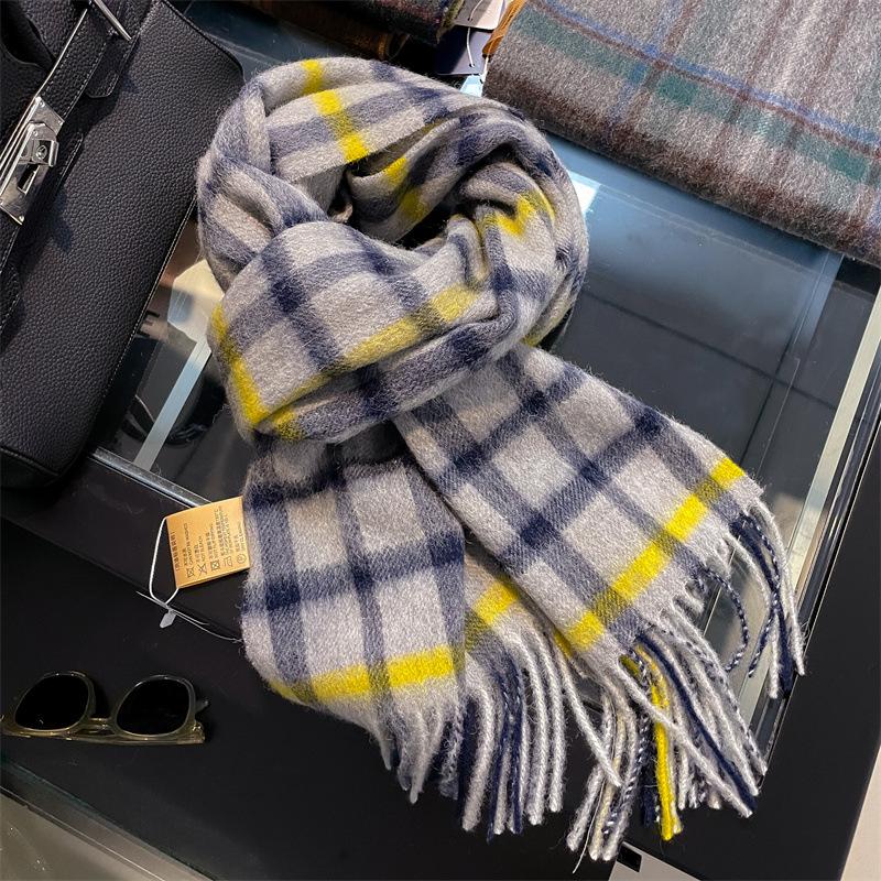 100% Pure Wool Scarf Female Winter Warm Cashmere Shawl Checkerboard Grain Design Couple Accessory Premium Sense Windproof Scarf