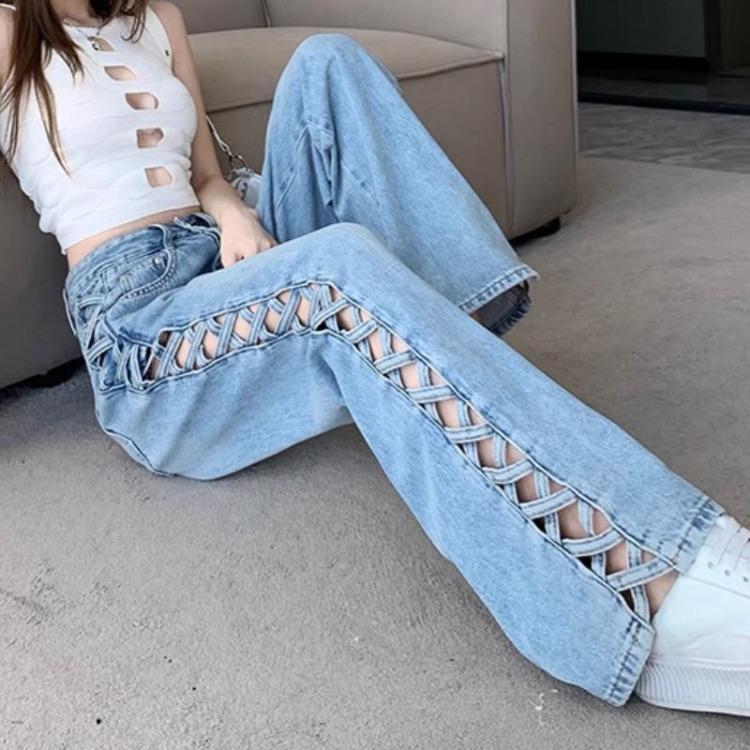 Fashionable Side Hollow High Waist Wide Leg Jeans with Loose Design for Women In Summer