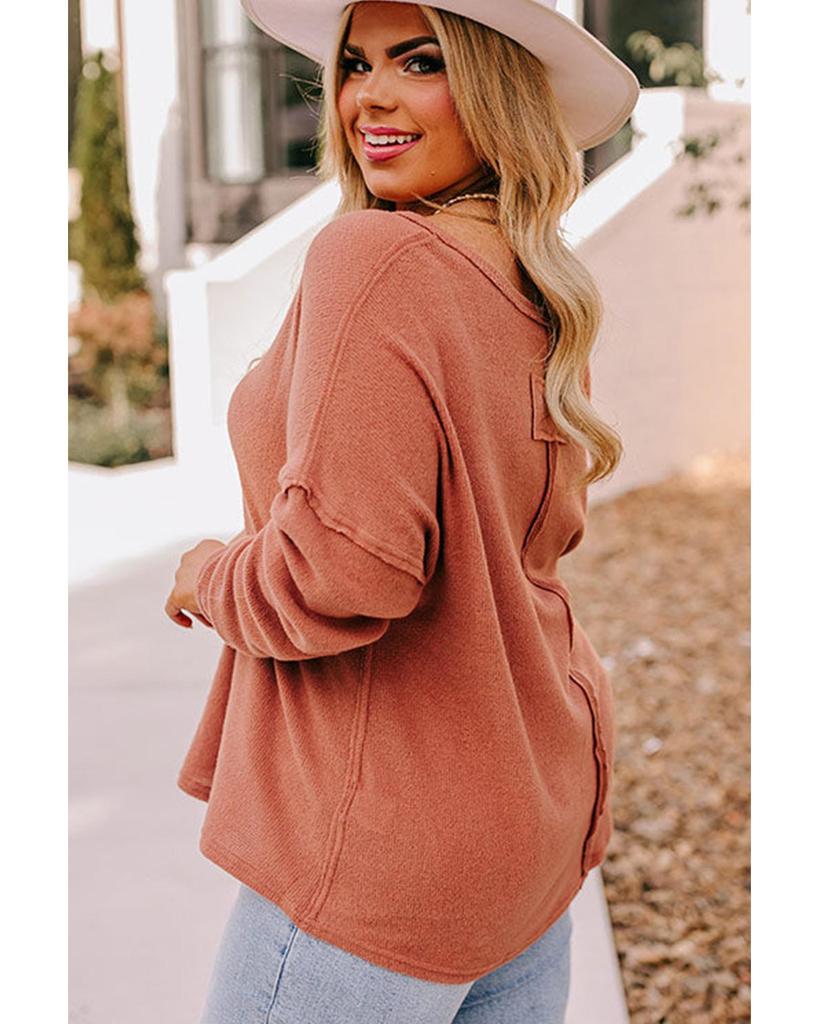 Azura Exchange Gold Flame Plus Size Exposed Seam V Neck Long Sleeve Top