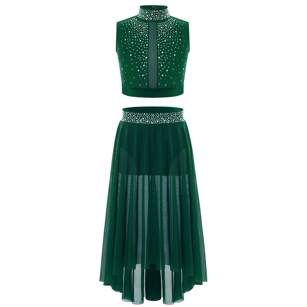 Girls Dance Outfit Sparkly Crop Top Keyhole Back Plus Irregular Hem Mesh Skirt Side Slit Performance Set