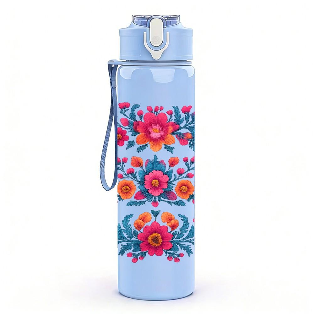 1PC Colorful Floral Pattern Art 750ml Color Plastic Sports Water Bottle Leakproof Flip Straw Lid Suitable for Sports Office Home Use