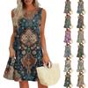 Women's Fashion Casual Sleeveless Round Neck Ruffle Vintage Printed Dresses