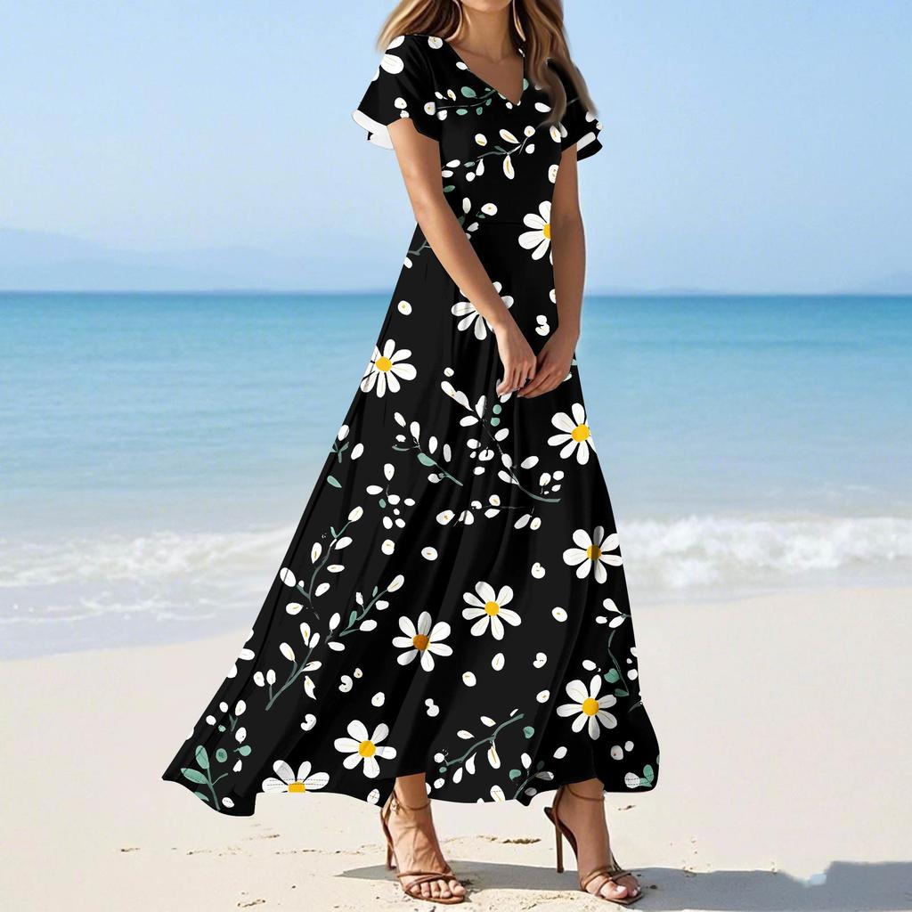 Женские повседневные модные длинные платья с принтом, платья с V-образным вырезом и коротким рукавом