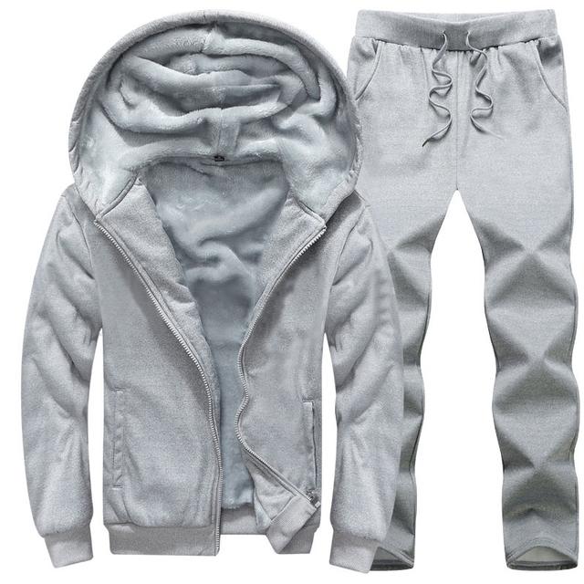 Зимний спортивный костюм, мужской однотонный комплект с капюшоном и брюками на меховой подкладке, мужской спортивный костюм, теплые флисовые джоггеры, комплект из 2 предметов, большие размеры