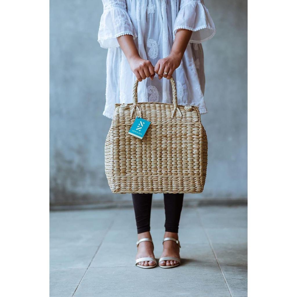 Сумка-корзинка для пикника - сумка для ланча из натурального тростника с ручкой из сухого травяного материала, сумка из водного гиацинта для фруктов и овощей - натуральный цвет (Средняя)