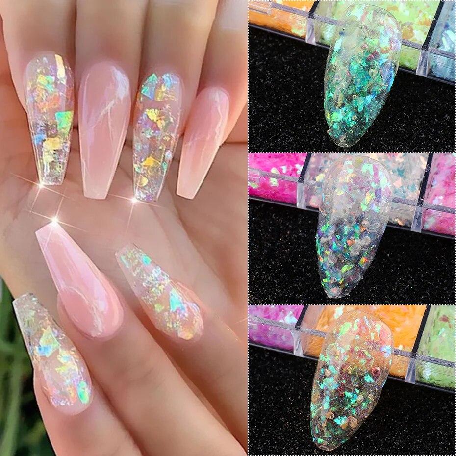 12 Grid Holographic Nail Flake Fluorescent Nail Glitter Powder Butterfly Chameleon Irregular Laser Gradient Foil Decoration
