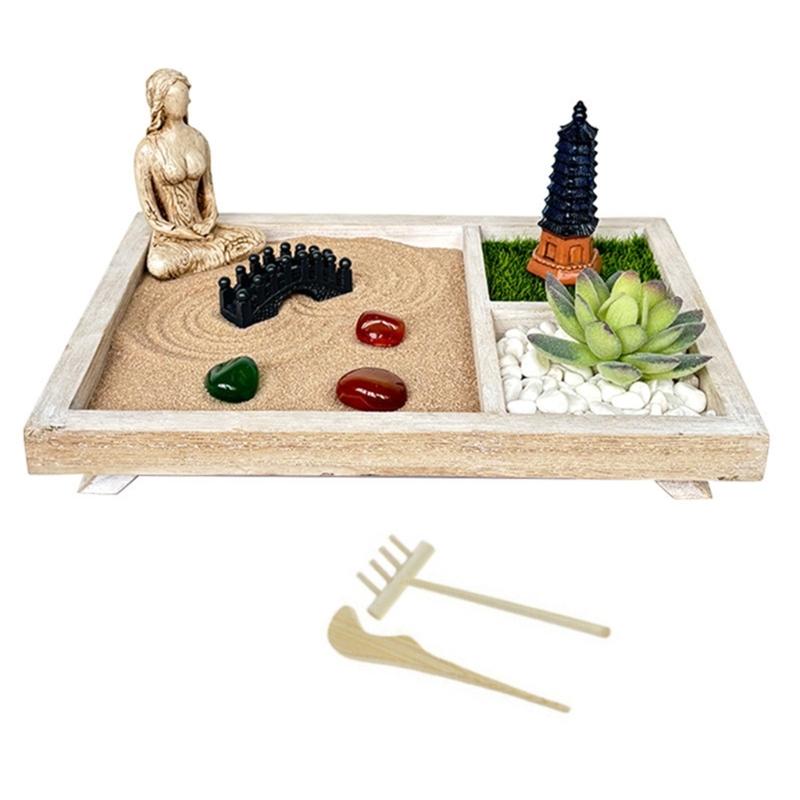 Japanese Zenes Garden for Desk Wood Sand Garden Zenes Decors Meditations Gift Sensory Therapy Tool Mindfulness Emotional