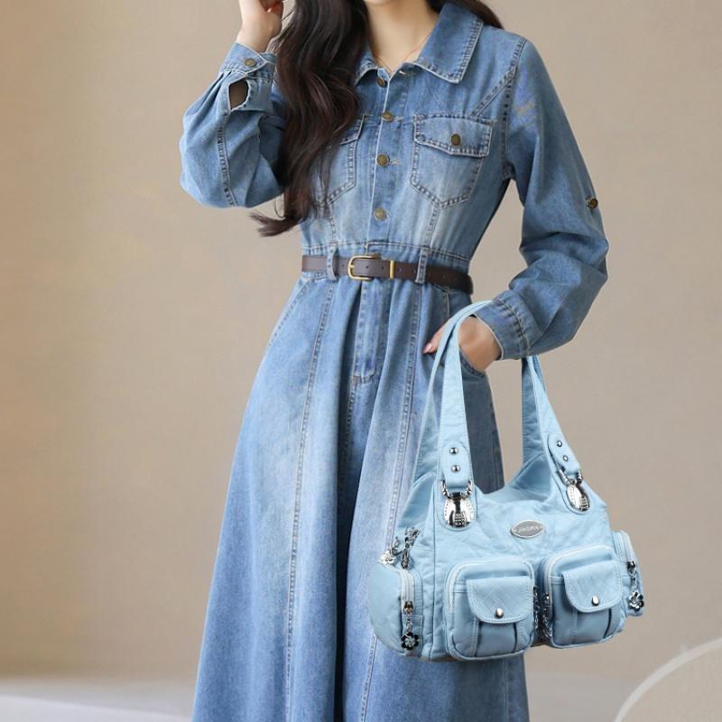 Летняя мода 2025 Синие наплечные сумки для женщин Маленькая сумка-шоппер Однотонная из мягкой кожи Сумка-кроссбоди Дамская дорожная сумка-тоут