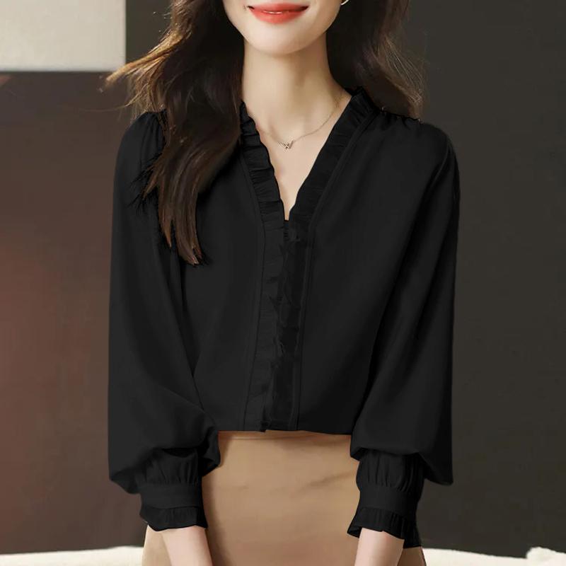 ZANZEA Женская повседневная блузка с V-образным вырезом и длинным рукавом