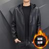 Plus Size Mens Fleece Lined PU Leather Jacket Hooded Biker Coat Fall Winter