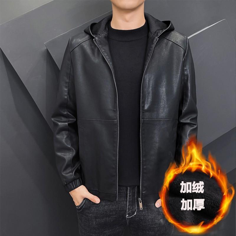 Plus Size Mens Fleece Lined PU Leather Jacket Hooded Biker Coat Fall Winter