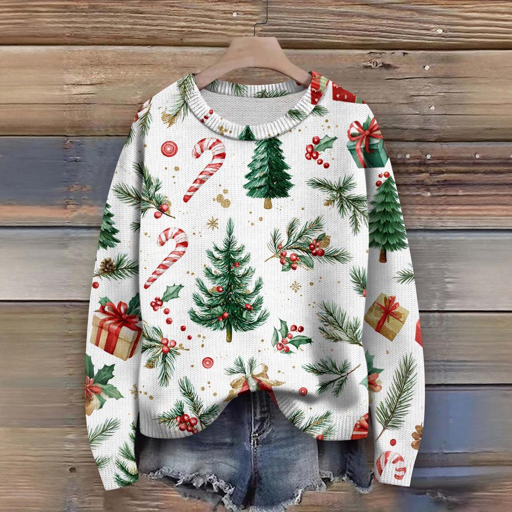 Пуловеры с длинным рукавом для женщин, с круглым вырезом, повседневные, милые, с принтом, вязаные, оверсайз