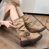 Women's Suede Mid-Calf Retro Cowboy Boots with Stacked Heel – Thick Sole, Scuffed Design for Autumn/Winter.