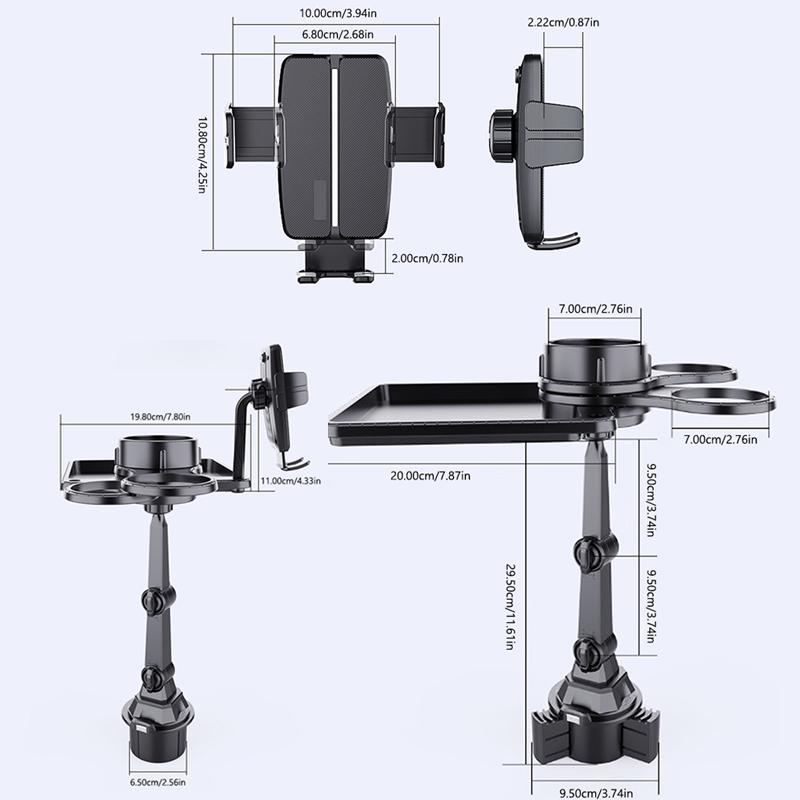 SEAMETAL Car Cup Holder Expander With Tray Phone Holder 360°Adjustable Commuting Traveling Car Dining Plate Storage Braket