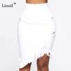 Asymmetric Cotton Black White Hole Denim Midi Skirt With Tassel Streetwear High Waist Wash Distressed Women Bodycon Skirt