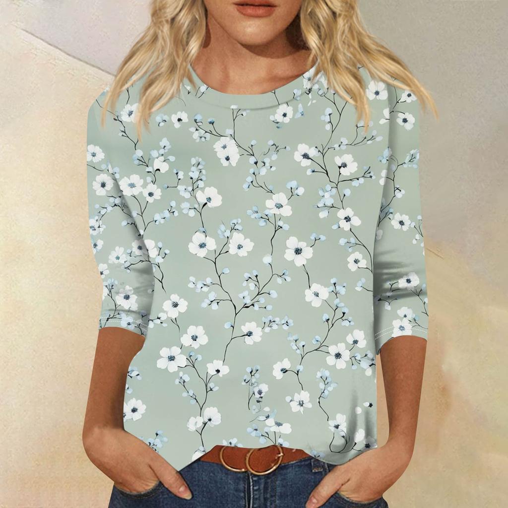 Women's Fashion Casual Seven Sleeve Printed Round Neck T-Shirt Top