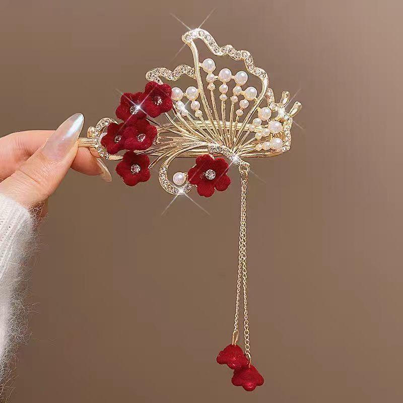 Женская красная кисточка с цветком, жемчуг, изысканная заколка-автомат для волос для женщин, рождественские заколки, зажим для волос, головной убор для невесты на Новый год