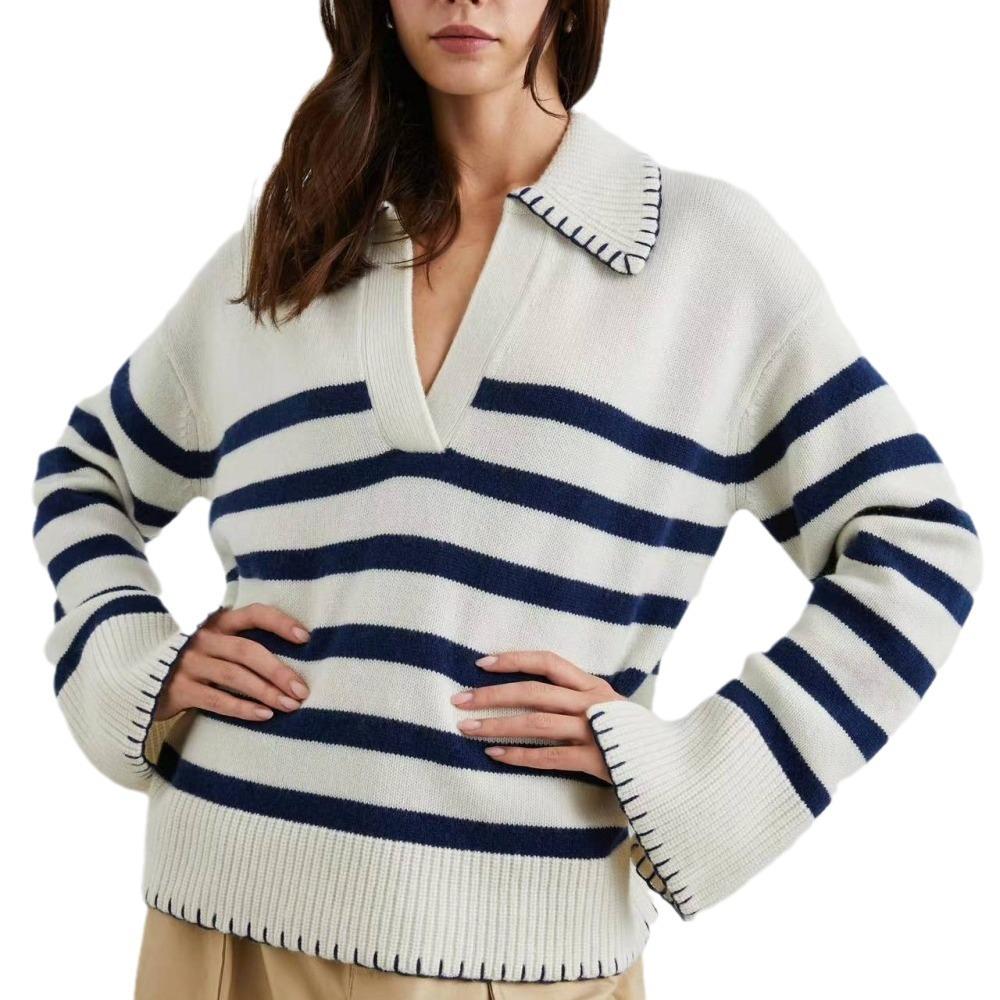 Autumn and winter loose stripes contrasting color POLO neck pullover sweater new intercolor knitted sweater women