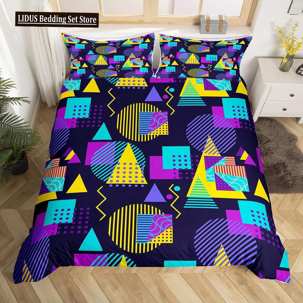 Retro Memphis Style Duvet Cover Set Galaxy Fashion Style Geometric Shapes Bedding Set Full,Hipster Old Fashioned Comforter Cover