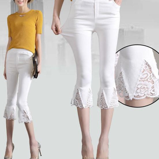 Женские укороченные брюки, однотонные, высокоэластичные, летние, расклешенные брюки, кружевная отделка, обтягивающие леггинсы с карманами