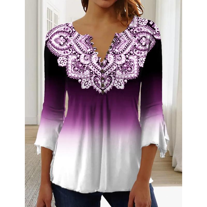 Весенне-летние топы, женская плиссированная футболка на пуговицах с v-образным вырезом и рукавами 3/4 с цветочным принтом