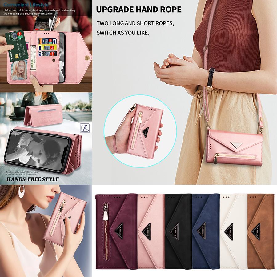 Wallet Skin-feeling Multi-card Zipper With Lanyard Leather Case For iPhone 14 Pro Max Samsung Galaxy A13 A33 A53 Xiaomi Redmi Note 11 Huawei P30 Lite