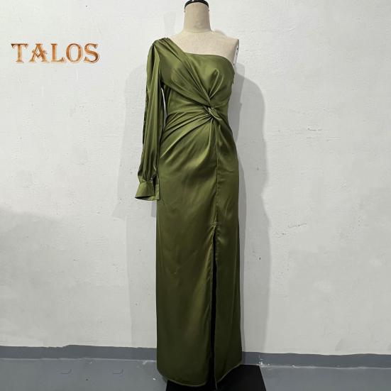 Женское вечернее платье на одно плечо с открытым рукавом, разрезом по низу, однотонное, с тонкой талией, плиссированное, с узлом, однотонное, коктейльное, вечернее платье макси