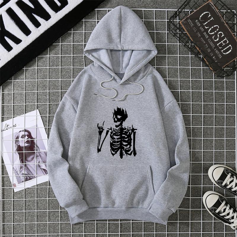 Retro Skull Print Hoodie Women's Fashion Hip Hop Loose Sweatshirt Cat Casual Sweatshirt Pocket Fleece Harajuku Streetwear