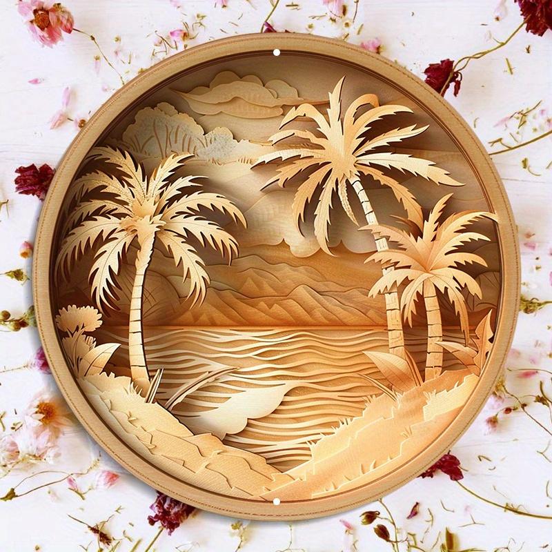 Tropical Palm Trees and Leaves Wooden Sign, Round Wall Decor, Weather Resistant Door Hanger, Wreath Decor